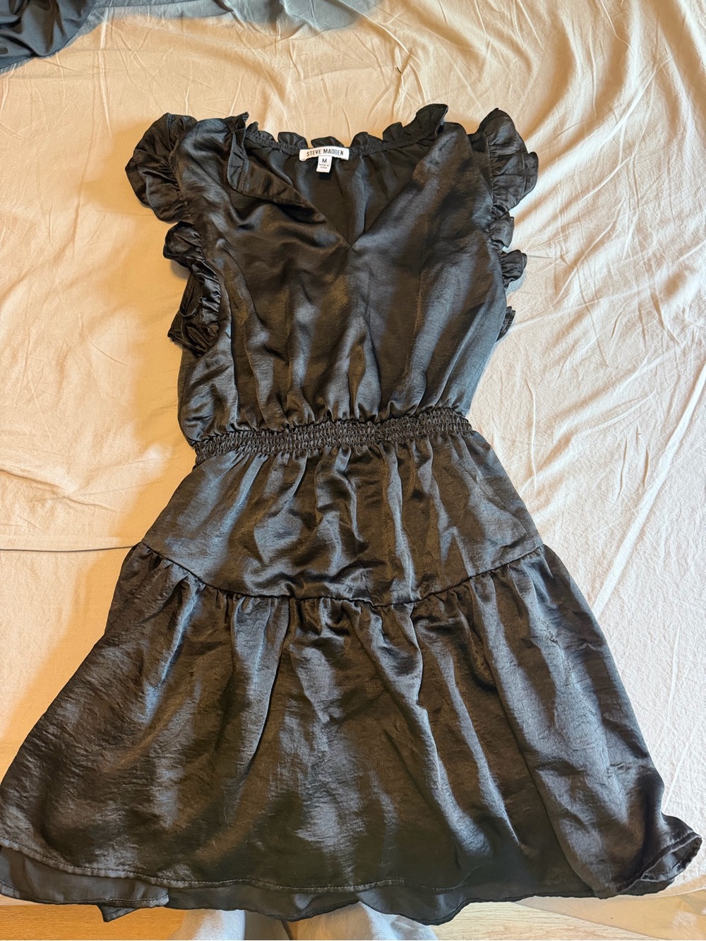 Steve Madden Black Satin Mini Dress with Ruffle Sleeves